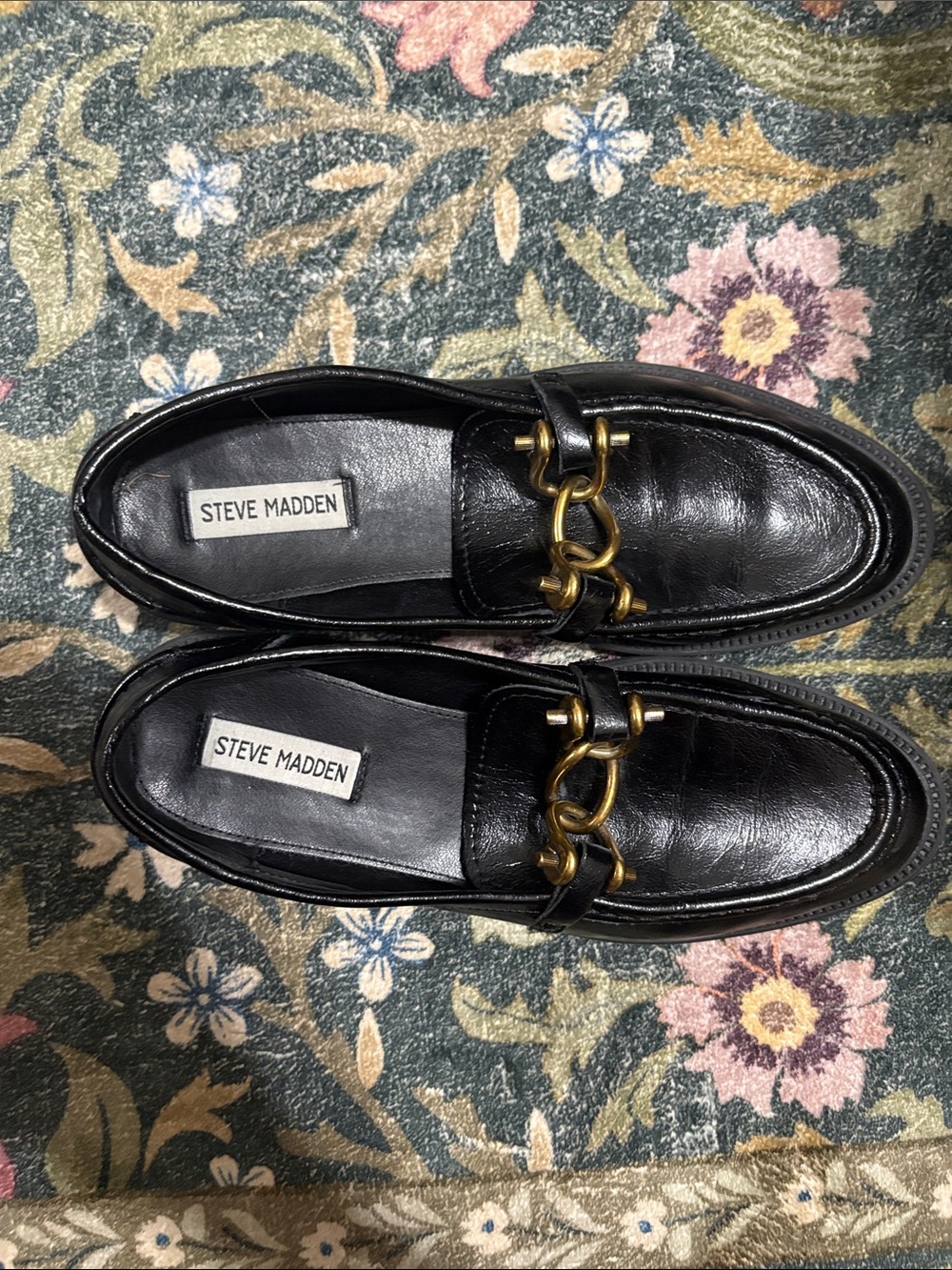 Steve Madden Black Leather Loafers with Gold Chain Detail